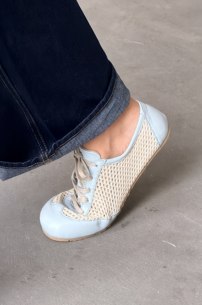 Barefoot Кросівки сітка світло блакитна шкіра, бежева сітка, підклад велюр КР303Е фото